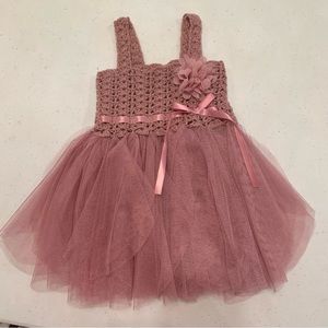 Elly & Emmy. 0-6 months dress. Knit with tulle. Ribbon and flower accent. Blush.